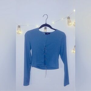 Vibe Blue Long Sleeve Crop Blouse with Chain Accent